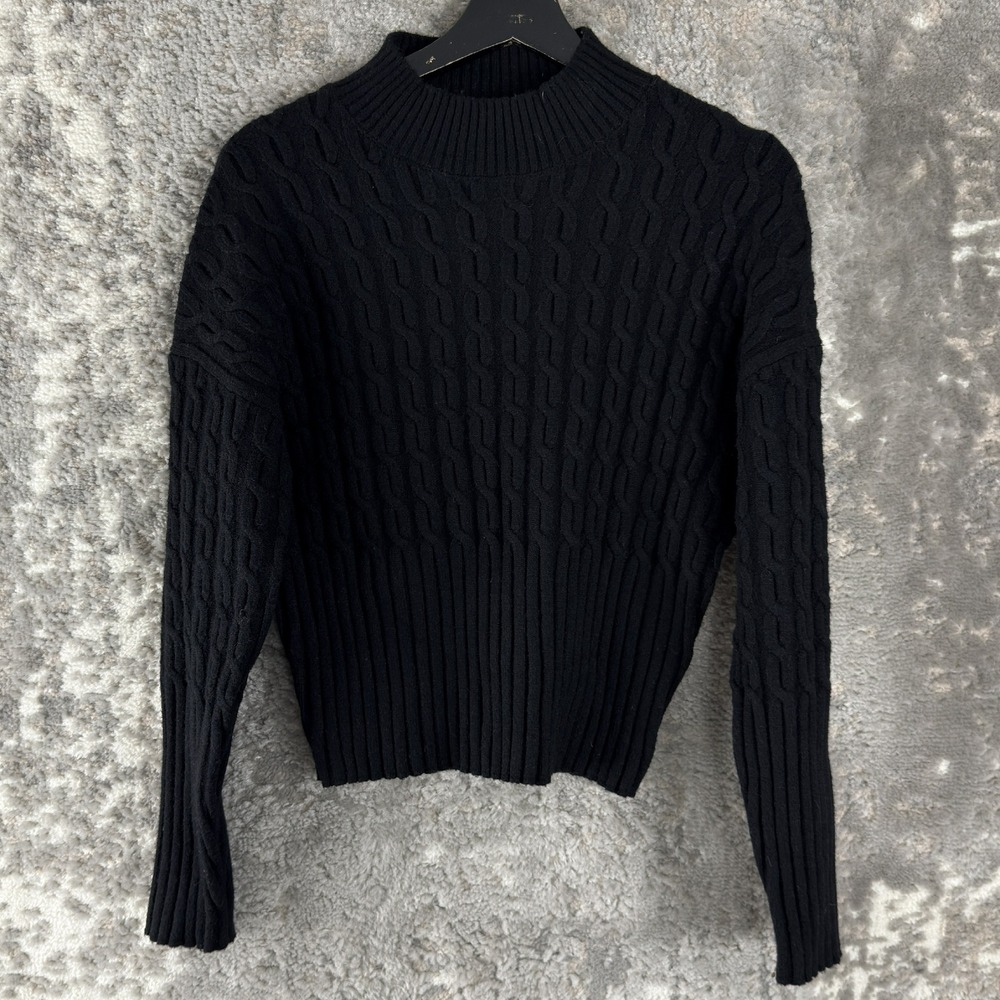 Jason Wu Sz M Cable Knit Mock Neck Crop Pullover Sweater Black Long Sleeve Women